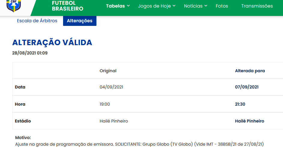 Bahia x Cruzeiro: A pedido da Globo, CBF altera horário do jogo na